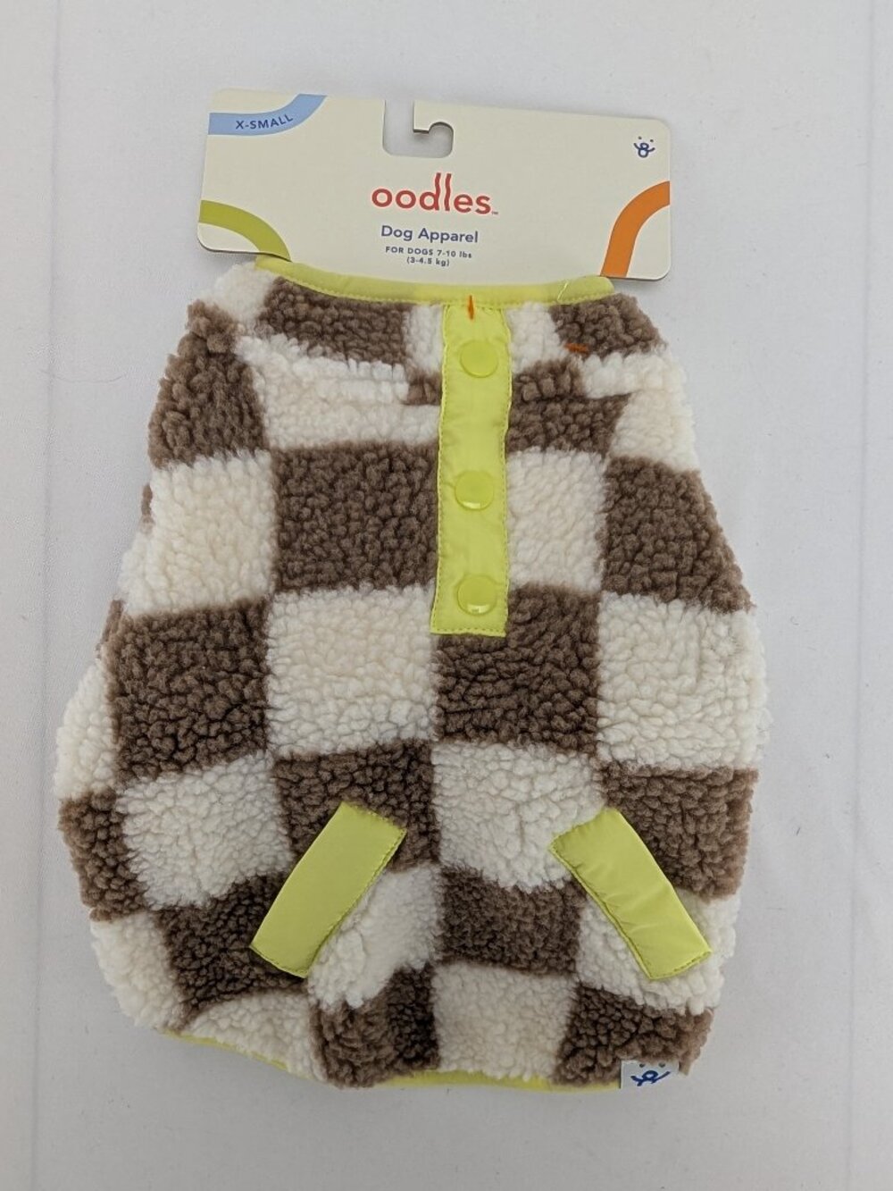 Oodles Dog Apparel XSmall White & Brown Checkered Sherpa Fleece Jacket Coat New